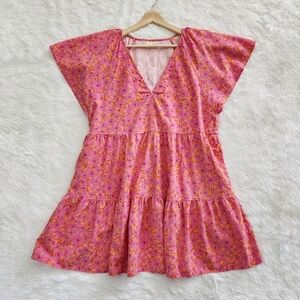 Universal Thread Pink and Orange Tiered Sundress with Tie‎ Front and Cap …